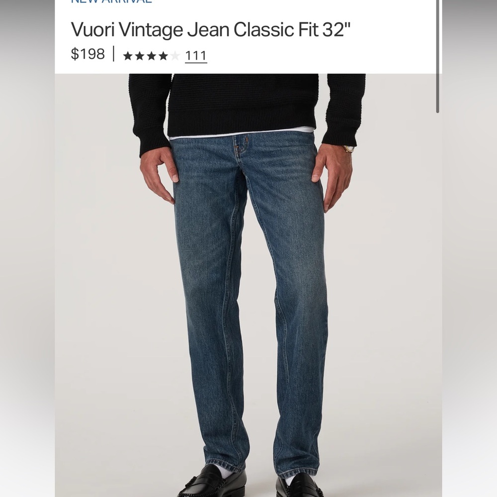 NWT Vuori Men’s Vintage Jean Classic - Size 36 x 32”
